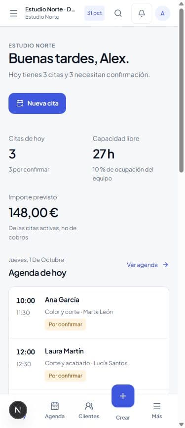 La misma gestión desde el móvil, con datos ficticios